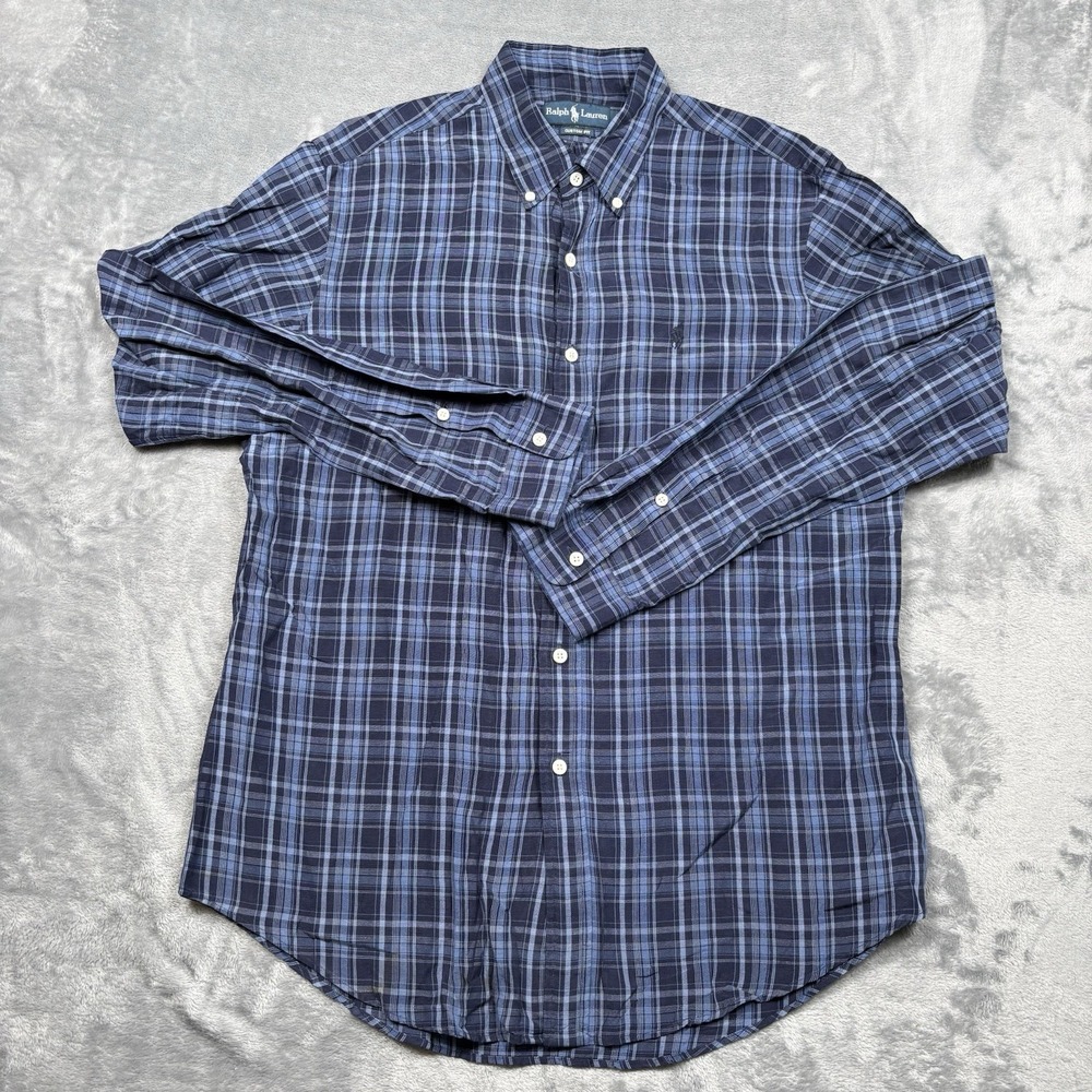 Ralph Lauren Shirt Mens L Silk Linen Blend Button Down Plaid Navy Blue Beachy